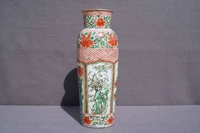 A tall Chinese wucai rouleau vase, Transitional period or Kangxi
